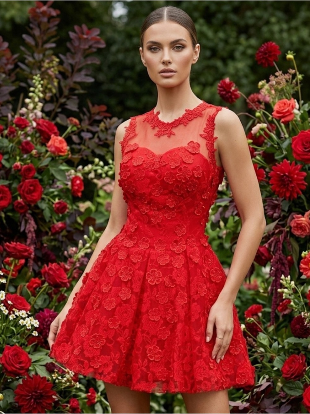 Red floral lace tulle formal prom dress sz XS